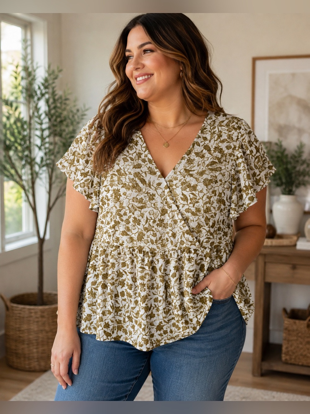 Madewell XXL Olive Cream Floral Flutter Sleeve Peplum Blouse